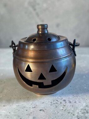 VTG Hosley Copper Metal Pumpkin Jack-O’-Lantern Candle Holder Luminary w/ Lid